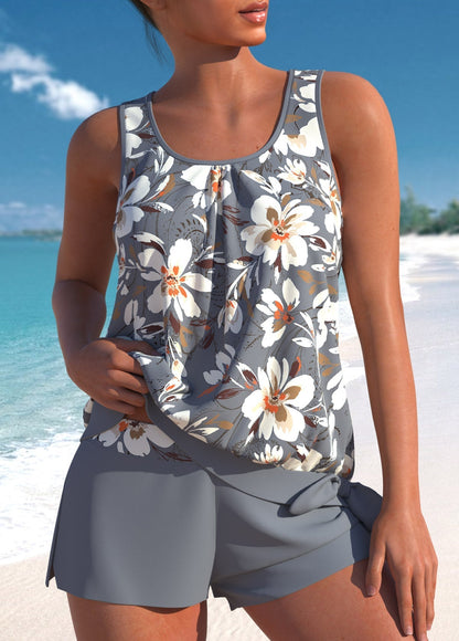 Elegancki tankini z wysokim stanem z tropijnym wzorem